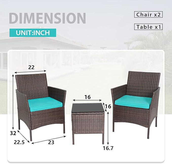 PayLessHere 3-Piece Outdoor Wicker Conversation Bistro Set Outdoor Patio Porch Furniture Sets for Yard, Garden with 2 PE Rattan Wicker Chairs, 2 Cushions,1 Coffee Table (Blue)