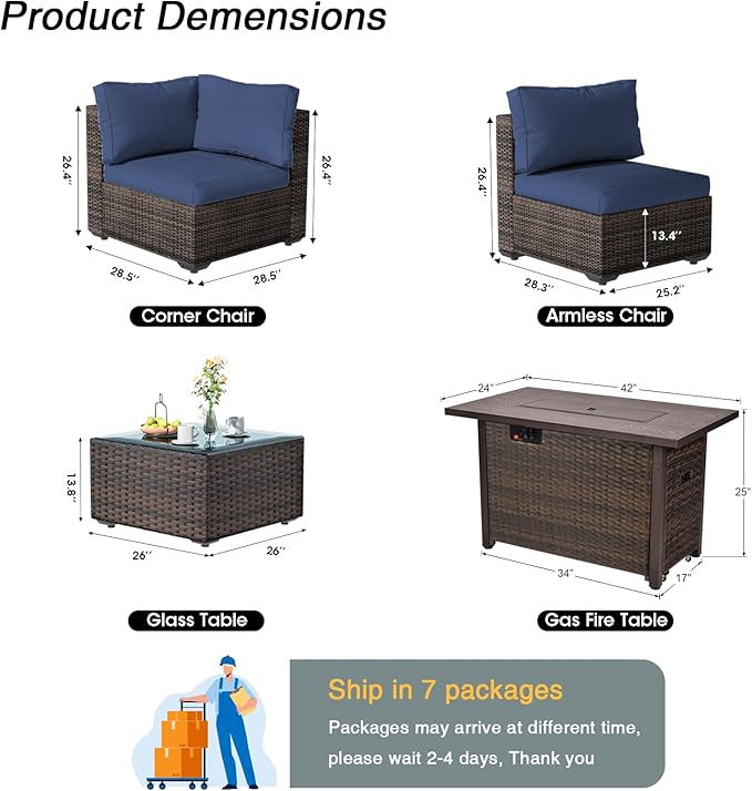 15 Piece Patio Furniture Set with Fire Pit Table All Weather PE Rattan Outdoor Sectional Sofa Couch with No-Slip Cushions and Glass Top Tables for Garden, Poolside, Backyard (Blue)