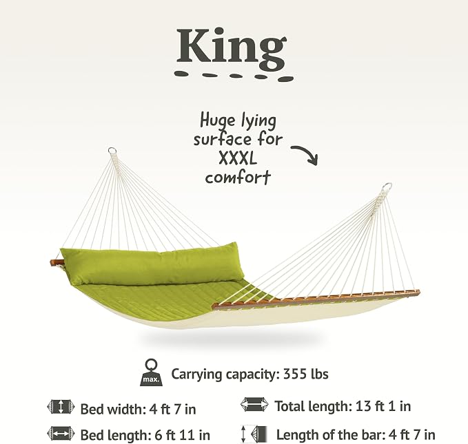 LA SIESTA® Alabama Quilted Hammock with Spreader Bar & CasaMount, Suspension Kit for Walls Ceilings & Square Beams - Portable Weatherproof Outdoor Hammock 2 Person Double Hammock Bed -XL King, Avocado