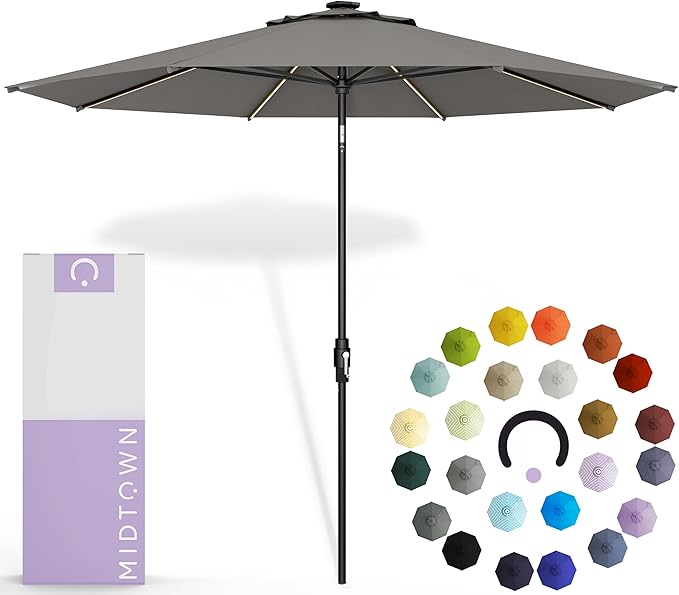 Midtown Umbrellas The LED Swilt 10 Feet Patio Umbrella With Terylast Charcoal Grey Polyester Fabric - Auto-Tilt Aluminum Frame With LED Lights For Backyard, Deck, Garden, Pool - Black Pole