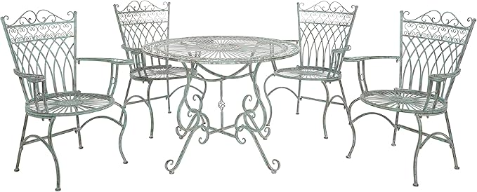 SAFAVIEH Outdoor Collection Thessaly Victorian Scroll Antique Dark Green Wrought Iron 5-Piece Patio Dining Set