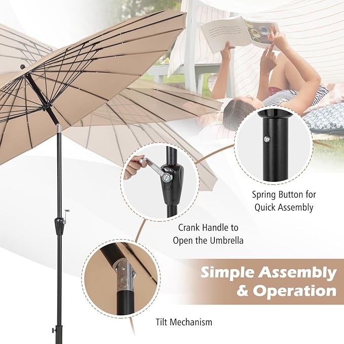 Tangkula 9FT Round Patio Umbrella, Outdoor Market Umbrella with 18 Fiberglass Ribs, Push Button Tilt, Crank, Fade-resistant Canopy & Ventilation, Aluminum Table Umbrella for Backyard, Pool (Tan)