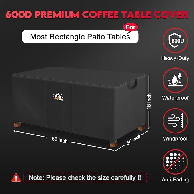 Zettum Outdoor Coffee Table Cover – Coffee Table Cover Rectangle Waterproof & Heavy Duty, Patio Table Covers for Side Tables, 600D Covers Provide All-Weather Protection - 50 x 30 x 18 Inch