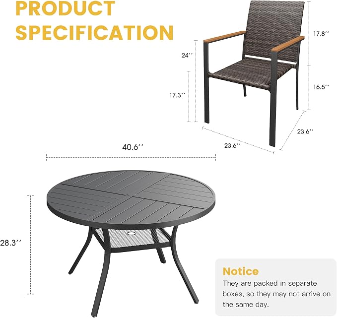 VICLLAX Patio Dining Set for 4, 40.7" Black Round Table & Rattan Chairs