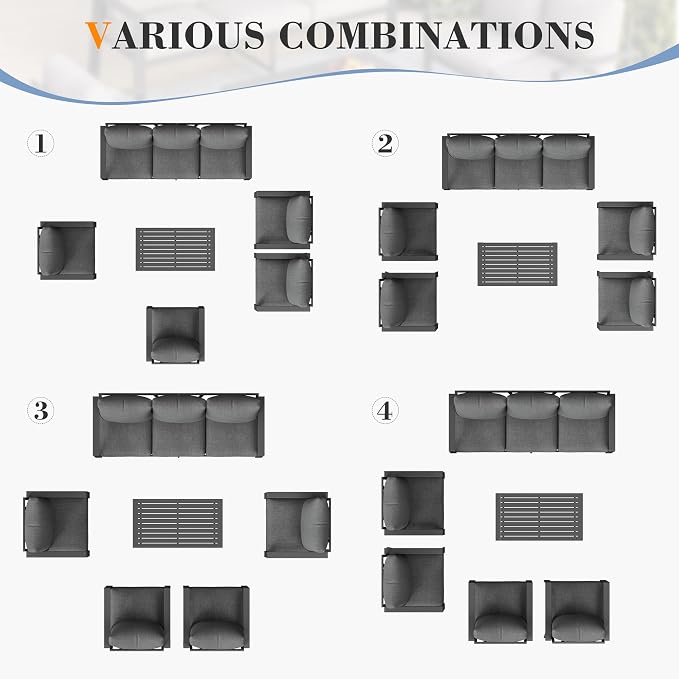 Aluminum Patio Furniture Sets 7 Seat All-Weather Outdoor Furniture Set with Coffee Table & Cushions with Removable Covers for for Backyard, Garden and Poolside Easy Assembly