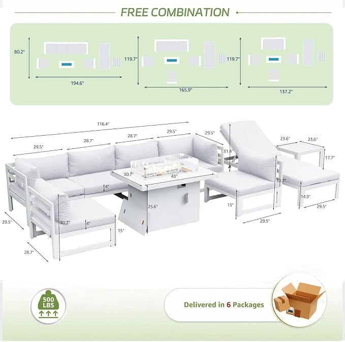 RADIATA 9 Pieces Aluminum Patio Furniture Set with Fire Pit Table, Modern Outdoor Sectional Sofa, Large Conversation Seat with Thick Cushion for Garden Backyard Deck Porch (White)