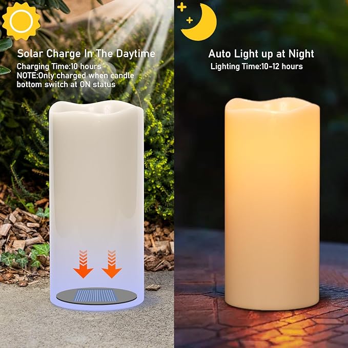 Eldnacele Large Outdoor Solar Flameless Candles Waterproof, 4" x 8", Solar Powered Dusk to Dawn Plastic LED Flickering Pillar Candles for Garden Patio Lanterns Wedding Holiday Decor(2 Pack White)