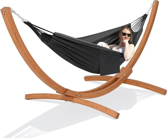 SUNCREAT 2 Person Hammock with 10 ft Wooden Stand Included, Outdoor Hammock for Outside, 475 lbs Capacity, Dark Gray