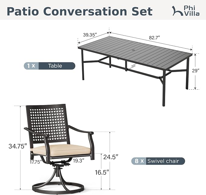 PHI VILLA Outdoor Dining Set for 8, 83" Metal Table & Swivel Chairs | 9 pcs rectangle black wrought iron furniture w/ umbrella hole. All weather for patio, deck, yard, porch