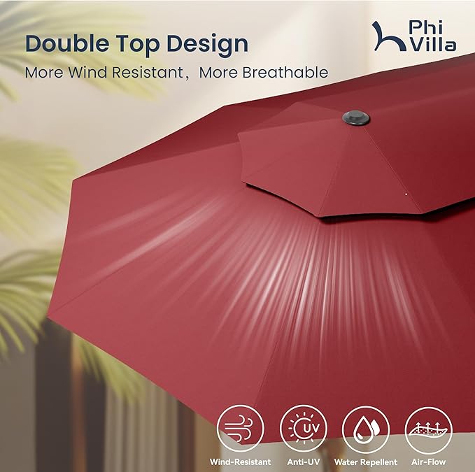 PHI VILLA 15ft Large Patio Umbrellas with Base Included, 2-Tier Outdoor Double-Sided Rectangle Market Umbrella with Stand, Outside Umbrellas for Poolside Lawn Backyard, Wine Red