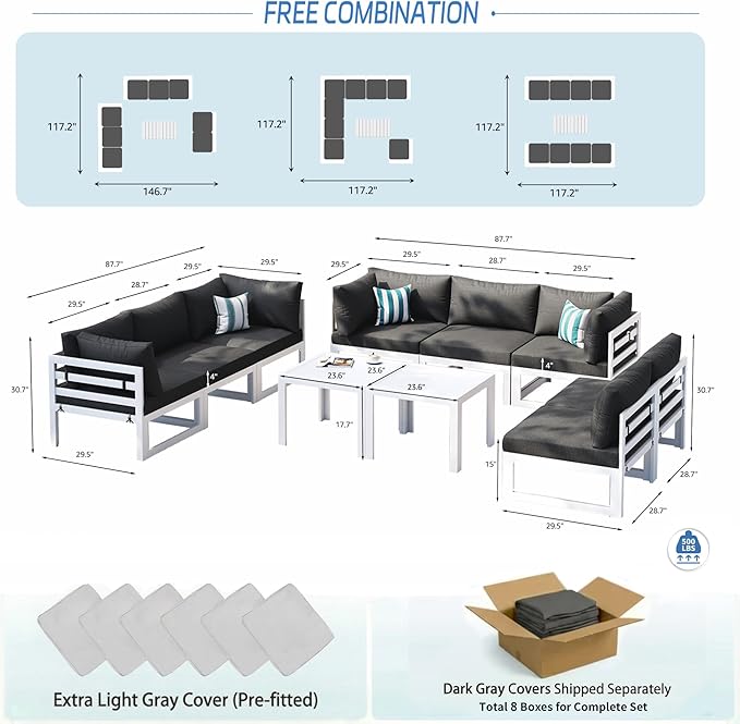 NICESOUL 10 Piece Oversized Modular Aluminum Outdoor Furniture Set with Coffee Table, 29" Deep Wide Sectional Seating, 500 lbs High Weight Capacity Patio Conversation Set for Garden Deck, Dark Gray