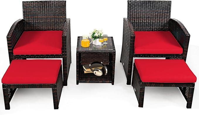 COSTWAY 5PCS Patio Rattan Wicker Furniture Set, Coversation Set with Side Table, Outdoor Cushioned Chairs with Ottomans for Backyard Deck, Red