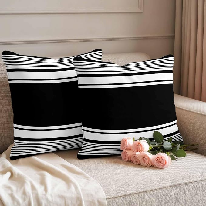 Outdoor Waterproof Throw Pillow Covers, Black Striped Decorative Pillow Cases, Modern Color Block Farmhouse Stripes Couch Pillow Protector Patio Sofa Cushion Covers Replacement 20"x20" 2 Pack