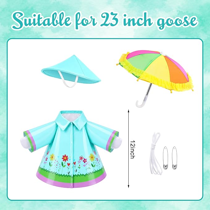 DECOHS 3 Pcs/Set Raincoat Porch Goose Outfits, Summer Lawn Goose Statue Costume with Rainbow Umbrella and Hat, Yard Geese Clothes for 23" Statue Patio Garden Decoration (Lake Blue)
