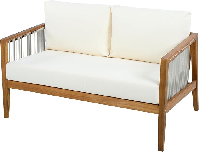 Christopher Knight Home Lalulu Outdoor Loveseat Sofa and Coffee Table Set, Acacia Wood Patio Furniture Set with Cushion, Solid Wood Outdoor Conversation Set, Teak+Beige