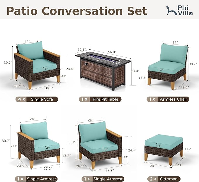 PHI VILLA 9-Seat Outdoor Wicker Furniture Set with 4-inch Thick Cushions, High Back Wicker Sofa with Gas Fire Pit Table for Cozy Patio Conversations in Elegant Blue (3 Seat Sofa)