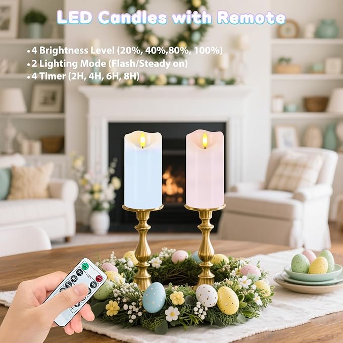 Flameless Candles Light, Set of 2 6"x3" Flickering Pastel Spring LED Candles with Remote & Timer, Dimmable Real Wax Easter Pillar Candles Battery Operated for Home Spring Easter Decor (Pink Blue)