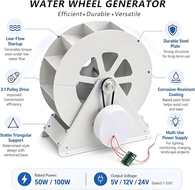 Water Wheel Hydroelectric Generator,Outdoor Creek Micro Hydroelectric Turbine Generator,for Remote Cabin Power Supply,Garden Decor 100W