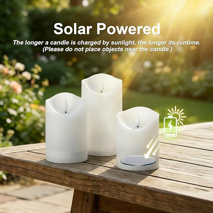 Solar Garden Decor-Solar Candles Outdoor Waterproof, Flameless LED Candles Rechargeable, Solar Powered Candles Dusk to Dawn for Patio Lantern Garden Table Decorations, Set of 2, 3.25" X 4"5" 6"