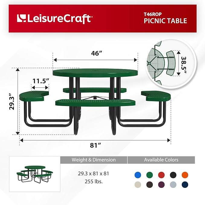 Leisure Craft Metal Picnic Table with Bench - 46" Round Outdoor Dining Table for 8 with Umbrella Hole, Weatherproof Heavy Duty Thermoplastic Coating, Commercial Grade Furniture Made in USA - Green