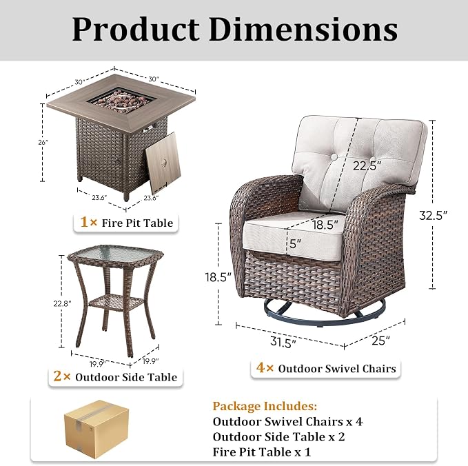 7 Piece Outdoor Patio Furniture Set with 30" Fire Pit Table,Conversation Sectional Wicker Couch with Swivel Chairs,Modern Outside Sofa for Balcony Backyard, Brown/Beige