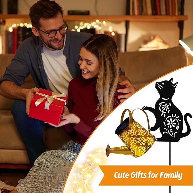 Solar Watering Can Lights, Cat Hanging Lantern Solar Lights Outdoor, Cat Lover Gifts for Mom Women Birthday Mother's Day Christmas, Waterproof Garden Decor Outside Patio Yard Pathway Backyard
