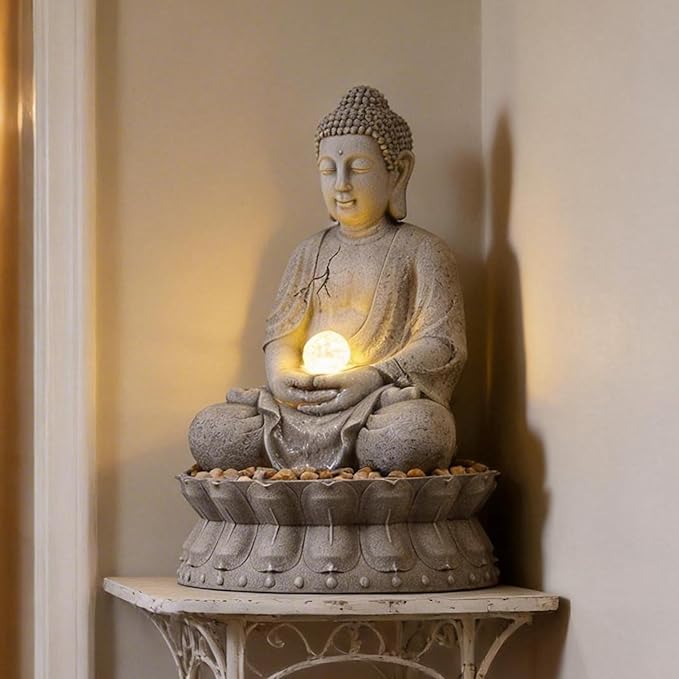 MAOCHI Buddha Statue Outdoor Water Fountain with LED Light, Gray Stone-Like with Lotus Base, Decorative Garden, Yard and Patio