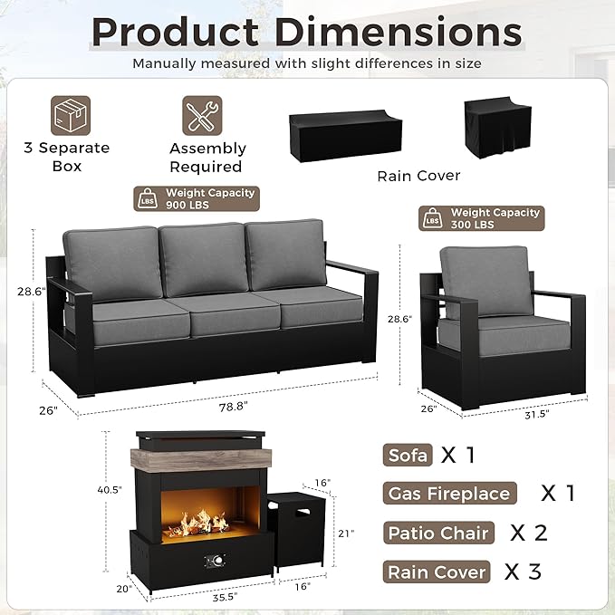Outdoor Patio Furniture Set, 4-Piece Aluminum Patio Conversation Set All-Weather Metal Outdoor Sectional with 6 Inch Thick Cushions, Deep Setting and Fireplace for Garden, Outside and Porch, Grey
