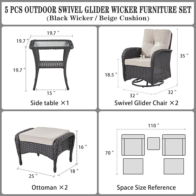 Belord 5 Pieces Wicker Patio Furniture Set - Swivel Rocker Outdoor Chairs with Ottomans and Side Table, Small Patio Conversation Set for Deck Porch Backyard Black