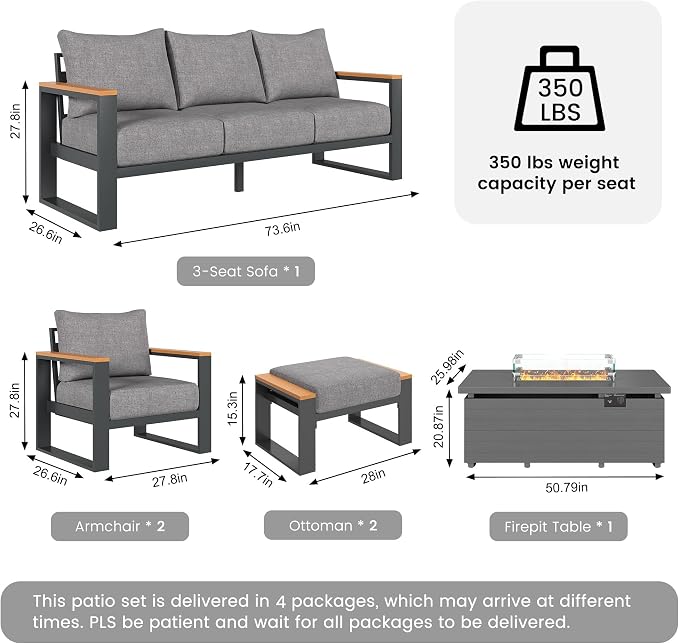 Sundale Outdoor Aluminum Patio Furniture Set, 6 Piece Outdoor Conversation Sets with Fire Pit and 6" Thick Olefin Cushions, All Weather Outdoor Sectional Set for Deck, Lawn, Yard