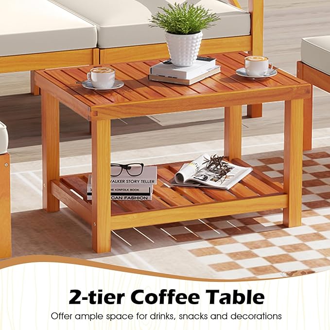 Tangkula 5 Pieces Acacia Wood Patio Chaise Lounge Chair Set with Ottomans and Cushions, Outdoor Patio Chairs Set with 2-Tier Coffee Table, Outdoor Conversation Set for Garden, Backyard and Poolside