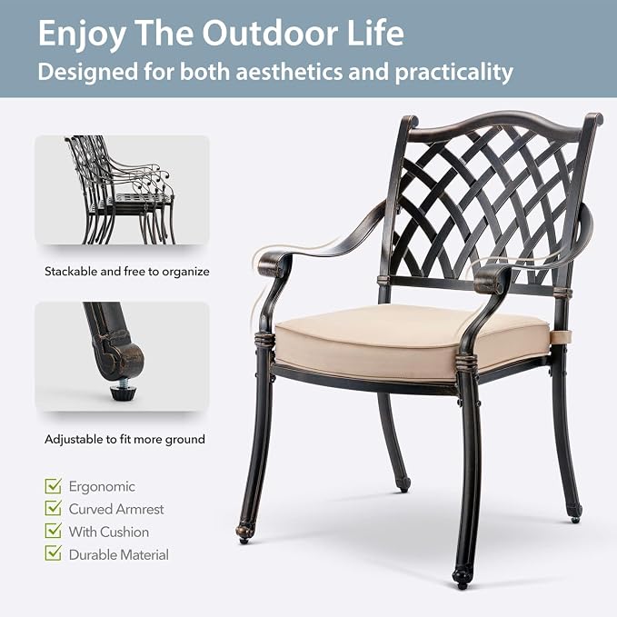 5-Pcs Cast Aluminum Patio Dining Set for 4, 54" Round Table,Bronze | Outdoor Furniture Set Include Dining Table and 4 Stackable Chairs with Cushions & Umbrella Hole
