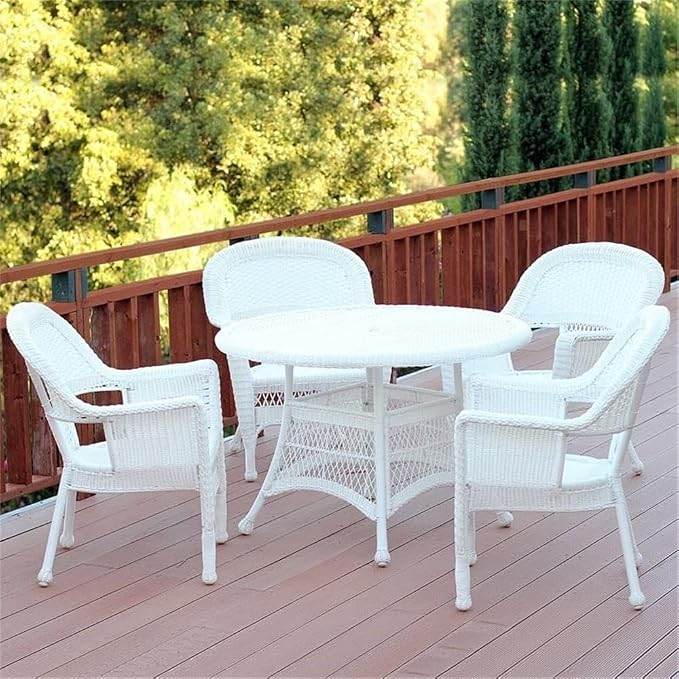 Pemberly Row Traditional Wicker/Rattan Round Patio Dining Table, 44.5 Inch, All-Weather Resin Wicker and Steel Frame, White Finish, Durable Outdoor Deck or Poolside Table, Light Assembly Required