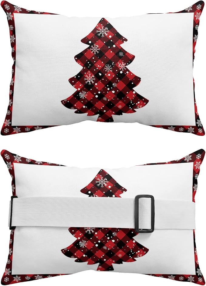 Outdoor Pillows Covers with Inserts Christmas Red Black Buffalo Check Plaid Waterproof Recliner Pillow with Adjustable Strap Throw Pillows for Patio Furniture Pool Lounge Chair, 11x16 inch, 1PCS