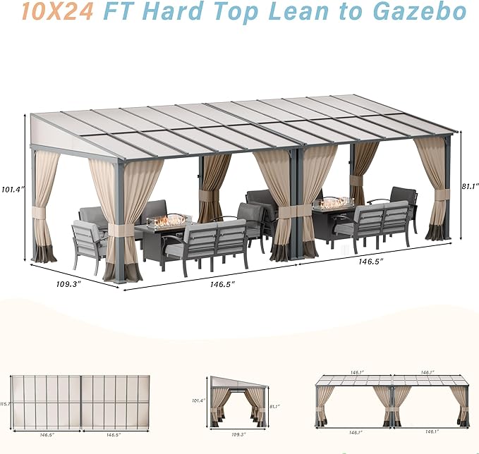 10' x 24' Lean to Gazebo,Large Wall Mount Heavy Duty Gazebos Pavilion,Outdoor Hardtop Pergola Shelter with Curtains and Netting,Sunshade for Patio Garden Lawn Backyard Deck,Brown