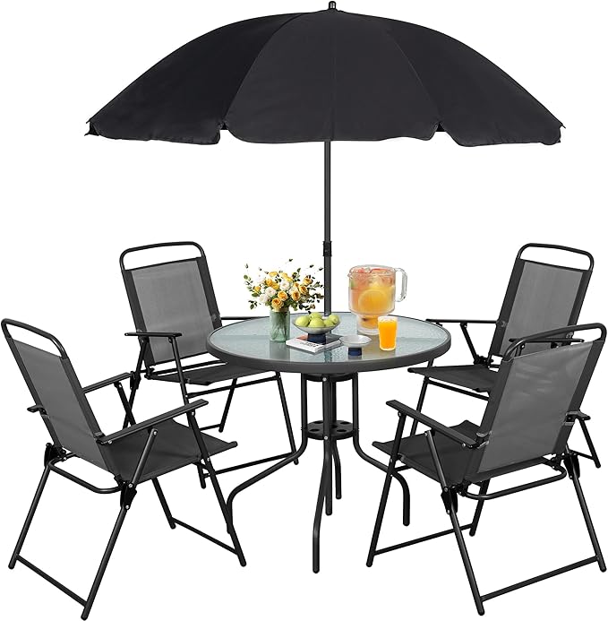Vongrasig WM 6 Pieces All Weather Folding Patio Dining Set, Small Metal Outdoor Table and Chairs Set, Black