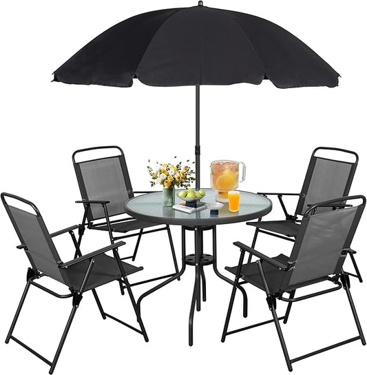 Vongrasig WM 6 Pieces All Weather Folding Patio Dining Set, Small Metal Outdoor Table and Chairs Set, Black