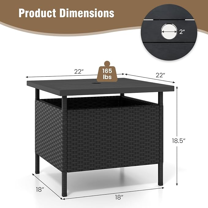 LDAILY Patio Table Umbrella, Outdoor Table with Umbrella Hole, Rattan Patio Side Table with Steel Umbrella Hole, HDPE Desktop & Metal Frame for Deck Garden Poolside Backyard Balcony (Black)