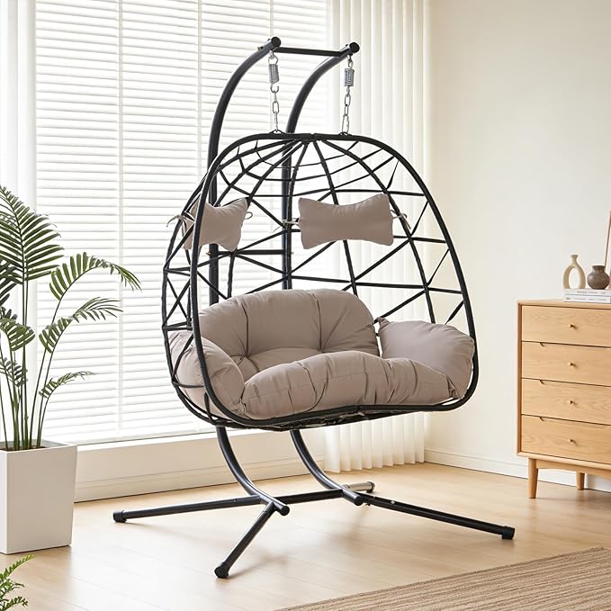 Double Egg-Shaped Hammock Chair with Stand Swing Egg Chair, Wicker Hanging Chair with Washable Cushion Sturdy Metal Stand, 600lbs Capacity for Indoor Outdoor Patio Living Room Etc(Black+Light Gray)