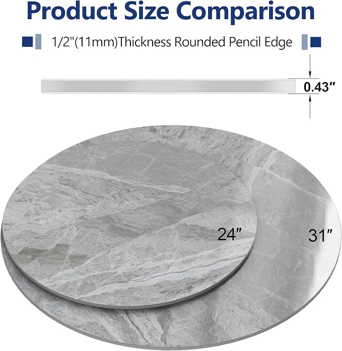 ZL ZELing Round Sintered Stone Table Top 31",Replacement Table Top for Indoor & Outdoor - Heat/Scratch Resistant Waterproof Ceramic DIY Desktop, Patio/Balcony/Bistro/Café & Dining Room (Gray)