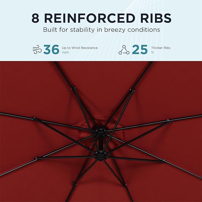 10FT Offset Patio Umbrella, Cantilever Hanging Umbrella with Infinite Tilt, Fade-Resistant Water-Repellent Canopy & Cross Base for Yard, Garden & Deck