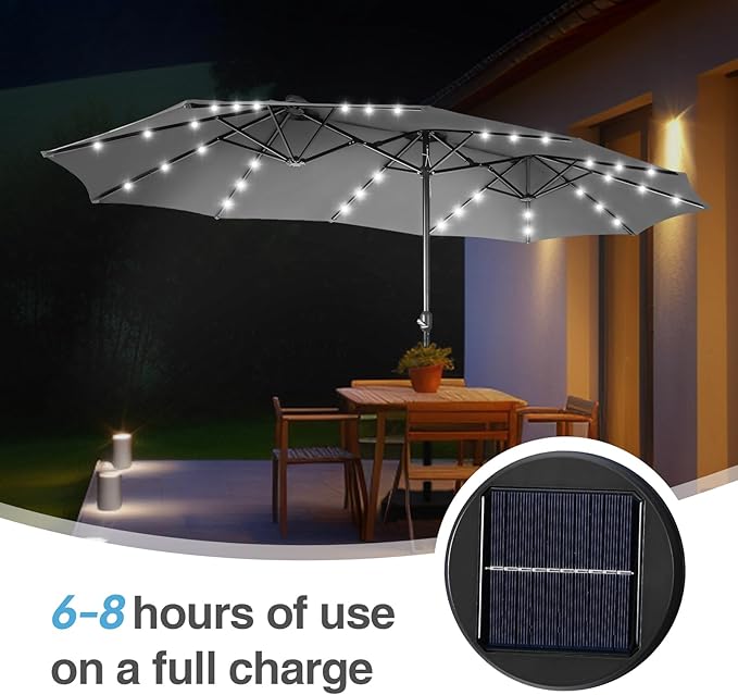 GREEN PARTY 15 ft Large Outdoor Patio Umbrella with Solar Led Lights & Base Included, Double-Sided Rectangular Table Umbrella with Stand, Market Umbrellas for Deck Poolside Garden Backyard, Smoky Gray
