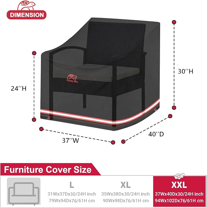 Turtle Life Patio Chair Cover, Heavy Duty Durable Waterproof Outdoor Lawn Armchair Deep Single Sofa Cover, Anti-Fading Cover for Chair, Black, 37" W x 40" D x 30" H