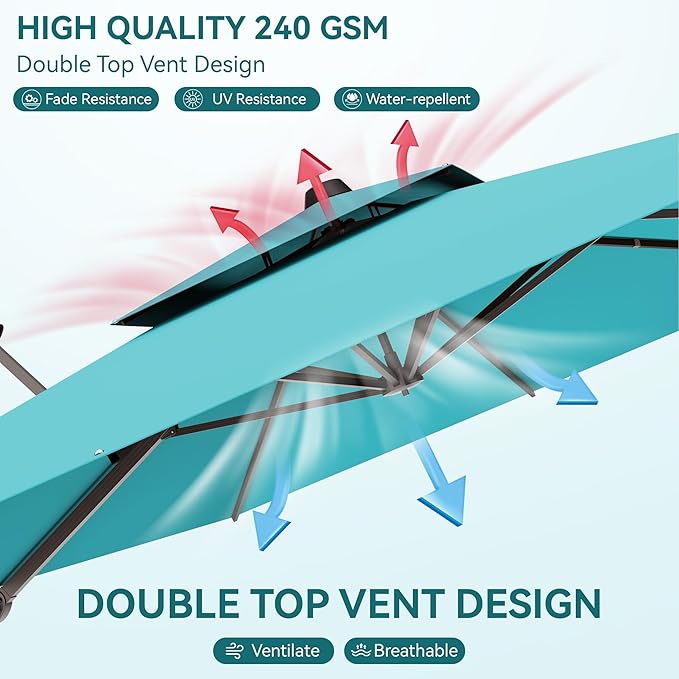 9x12 FT Patio Umbrella with base, Large Cantilever Rectangular Double Top Heavy Duty Offset Umbrellas with 360° Rotation, Outdoor shade for Garden Deck Pool, Turquoise