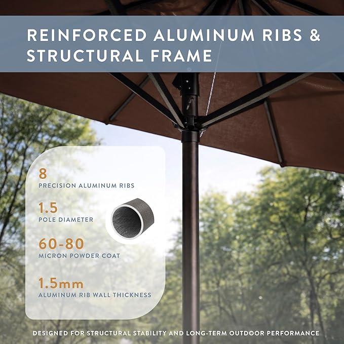 California Umbrella 10-Year Protection 9 Ft Outdoor Patio Umbrella, Pacifica Fade-Resistant Fabric, Auto-Tilt, Heavy Duty Aluminum Frame, 8 Reinforced Ribs for Pool or Deck, Bronze Pole, Mocha