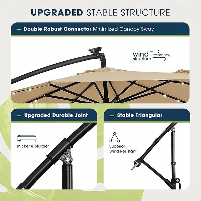 wikiwiki 10ft Solar LED Offset Patio Umbrella, Outdoor Cantilever Patio Umbrellas with Solor Lights for Backyard, Poolside and Garden, Easy Tilt Adjustment, 32 LED Lights & Polyester Shade, Tan
