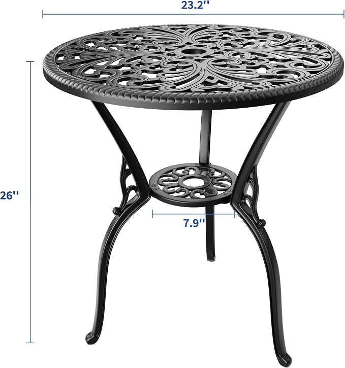 Garvee 23" Round Patio Dining Table with Umbrella Hole,Antique Cast Aluminum Outdoor Bistro Table,Umbrella Table,Side Table,End Table,Outdoor Furniture for Backyard,Garden,Patio,Porch,Black