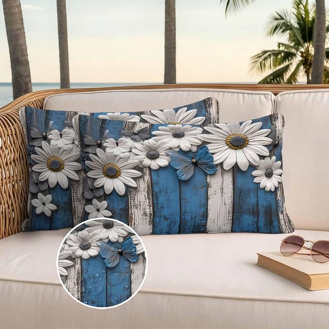 Blue White Daisy Waterproof Outdoor Pillow Covers Set of 2 Home Decor, Vintage Farmhouse Butterfly Floral Wood Pillowcase Patio Pillow Covers for Couch Bench Furniture Garden 20x12in