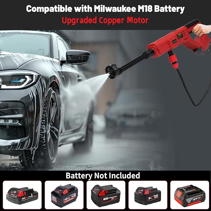 Cordless Cleaner Tool for Milwaukee M18 Battery, Portable Handheld Car Cleaner 1000PSI with 6-in-1 Nozzle & 16.5FT Drain Hose for Patio Car Floor Fence Deck Indoor(Battery Not Included)