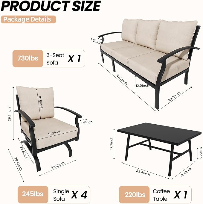 Metal Patio Furniture Set,6 Pieces 7 Seats Patio Sectional Outdoor Furniture Set with Rectangular Coffee Table,Patio Conversation Sets with 5.1" Thickened Cushions,Sand